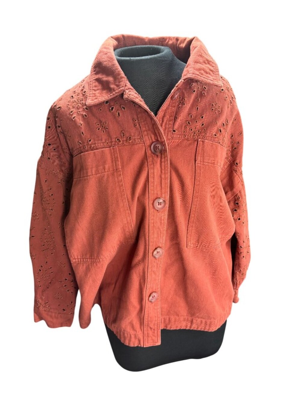 Solitaire Eyelet Embroidered Rust Cotton Button-Up Jacket Womens L